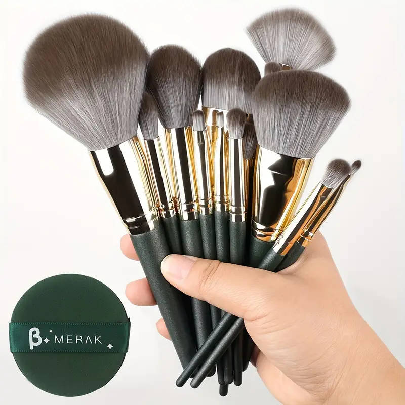 14Piece Professional Makeup Brush Set with Green ABS Handles and Nylon Brushes Suitable for Normal S