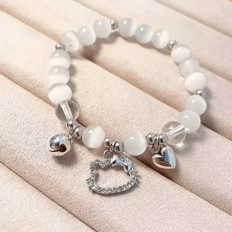 Hello Kitty Y2K Style Beaded Elastic Bracelet with Heart-Shaped Charm