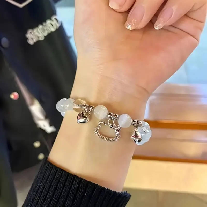 Hello Kitty Y2K Style Beaded Elastic Bracelet with Heart-Shaped Charm