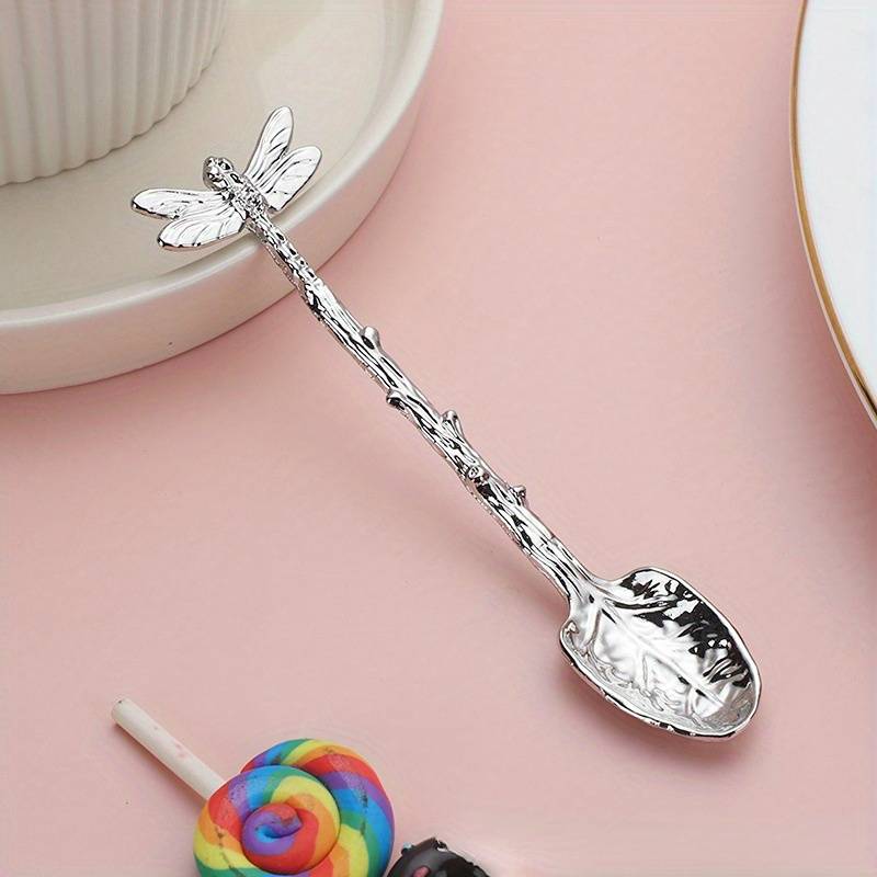 1pc Dessert Spoon In The Shape Of A Leaf With Dragonfly Branches And Leaves For Kitchen And