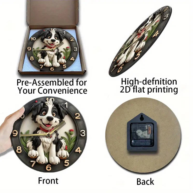 Wooden Fiber Board Border Collie Wall Clock 20.32 Cm Round Silent Quartz Movement Decorative Tim
