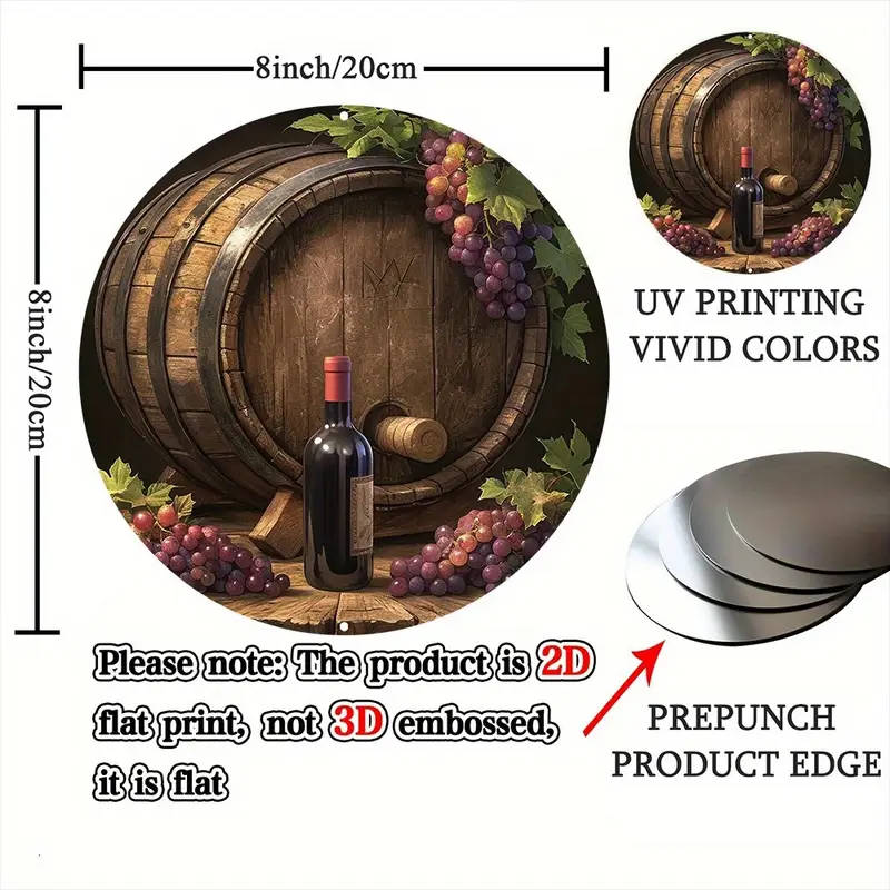 1pc 2D Flat Aluminum Metal Sign Wine Barrel Wall Decor Pre-Drilled Holes for Easy Hanging 20.32x20.3