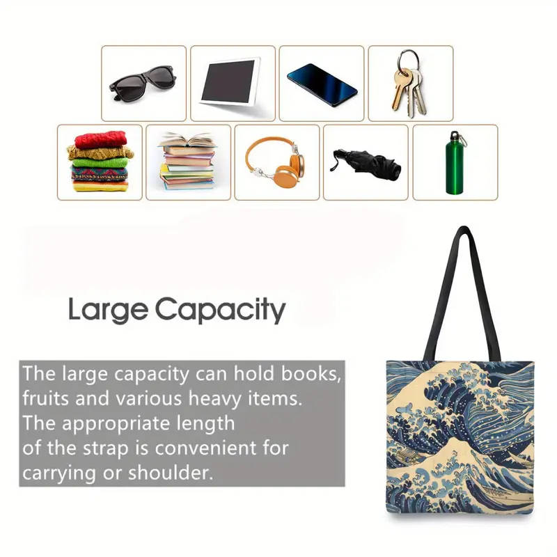 1pc Sea Wave Pattern Tote Bag Reusable Shoulder Shopping Bag for Men and Women Ideal for Gym Picnic