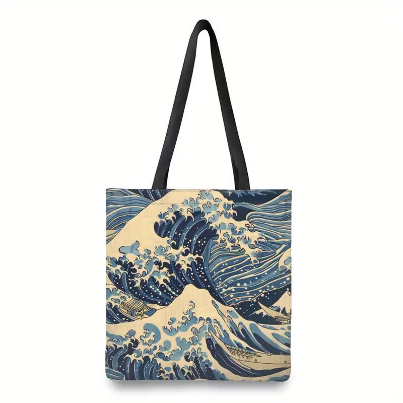 1pc Sea Wave Pattern Tote Bag Reusable Shoulder Shopping Bag for Men and Women Ideal for Gym Picnic