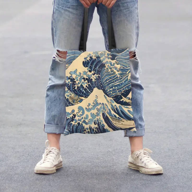 1pc Sea Wave Pattern Tote Bag Reusable Shoulder Shopping Bag for Men and Women Ideal for Gym Picnic