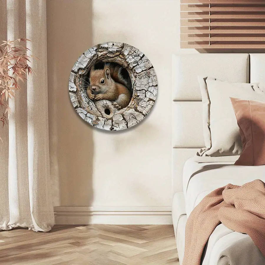 Squirrel In Tree Hole 2D Aluminum Metal Wall Art 20.32X20.32Cm Rustic Round Decorative Sign For
