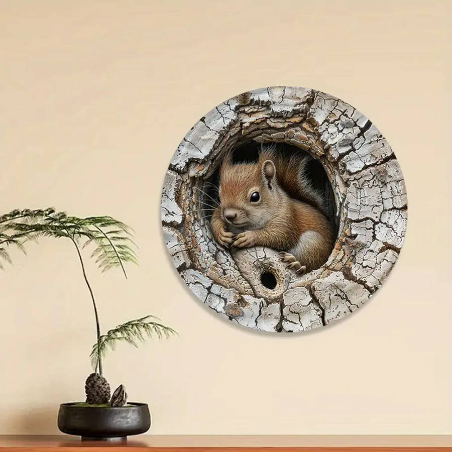 Squirrel In Tree Hole 2D Aluminum Metal Wall Art 20.32X20.32Cm Rustic Round Decorative Sign For