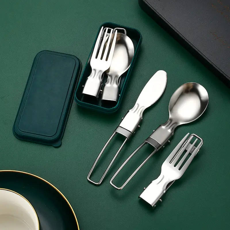 3pcs Stainless Steel Folding Knife Fork Set Portable Polished Outdoor Camping Tableware
