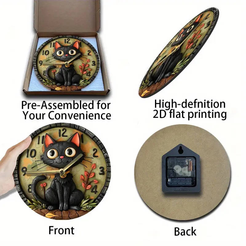 1pc Silent Round Wall Clock with Quartz Movement 8inch Wood Fiber Art Decor with Black Cat Design fo