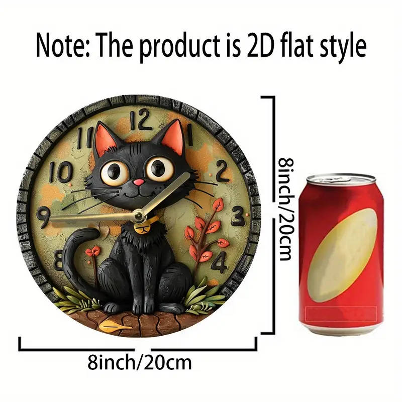 1pc Silent Round Wall Clock with Quartz Movement 8inch Wood Fiber Art Decor with Black Cat Design fo
