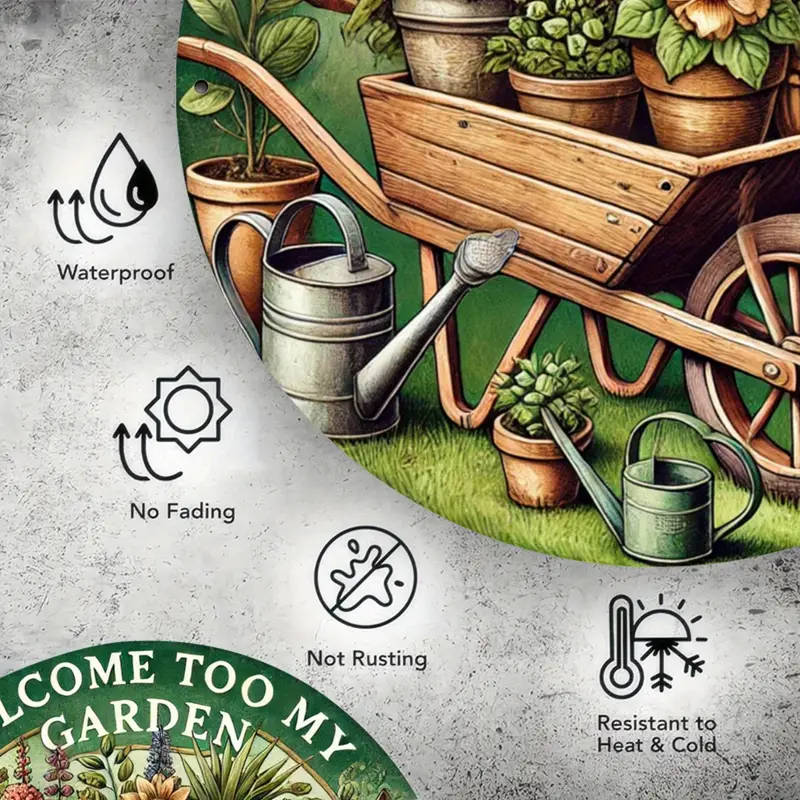 1pc Iron Garden Welcome Sign Plaque 19.81cm Round 2D Flat Printed Metal Sign for Home Decor Welcome