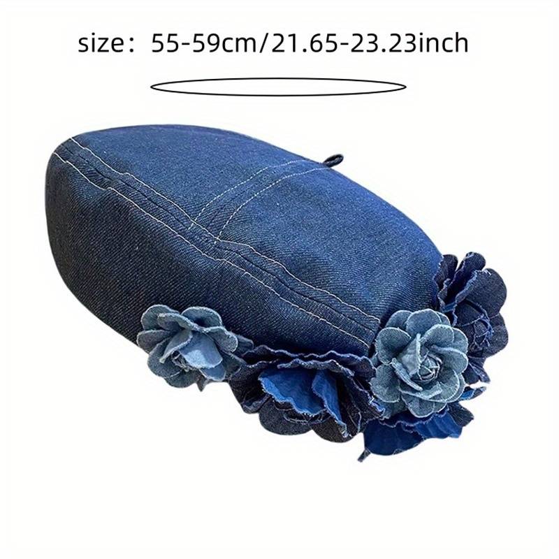 1pc Autumn Winter Unique Color Block 3D Flower Denim Beret Hat for Women Trendy Fashionable Face-Sl