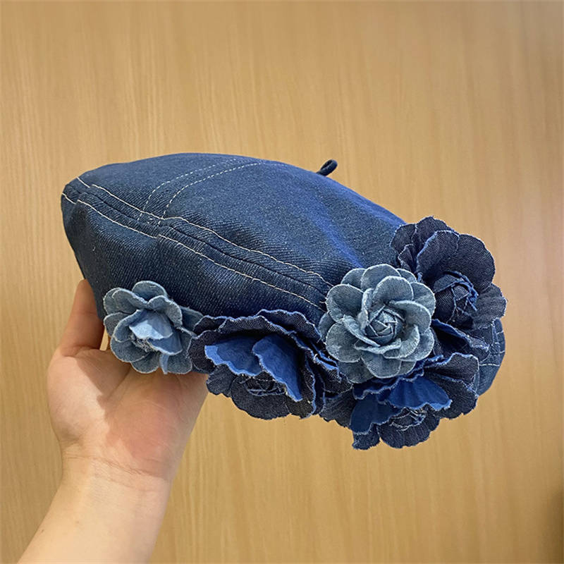 1pc Autumn Winter Unique Color Block 3D Flower Denim Beret Hat for Women Trendy Fashionable Face-Sl