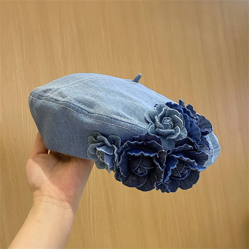 1pc Autumn Winter Unique Color Block 3D Flower Denim Beret Hat for Women Trendy Fashionable Face-Sl