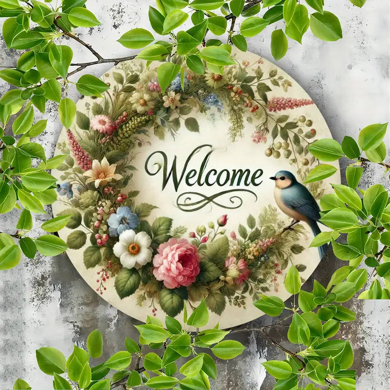 1pc Floral Wreath Welcome Sign Metal Plaque 19.81 cm Decorative Iron Wall Art with Spring Bird Round