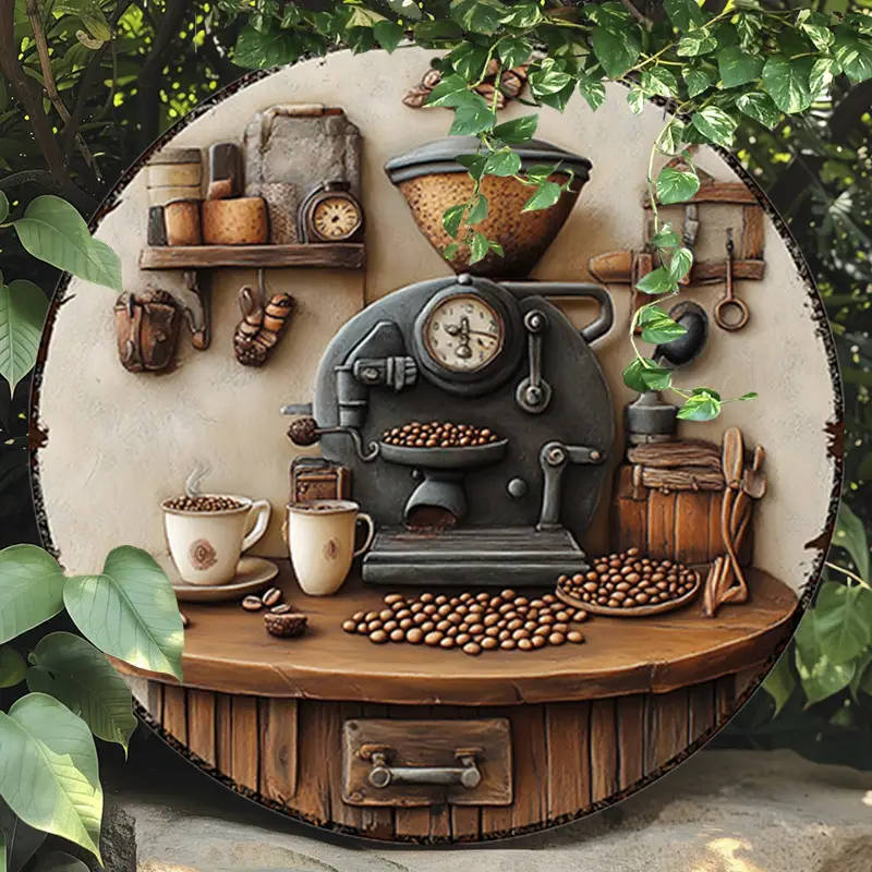 1pc 20x20cm 2D Round Aluminum Metal Sign Coffee Beans and Machine Decorations Metal Signs For Office