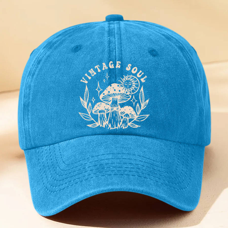 1pc Vintage-Inspired Washed Baseball Cap with Cartoon Mushroom Letter Print Adjustable Lightwe