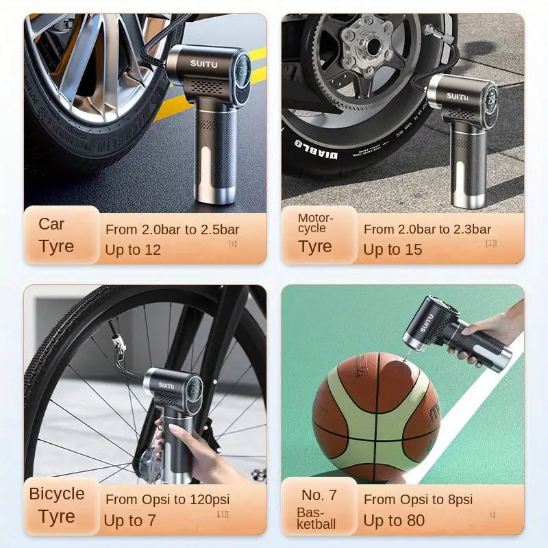 1pc Portable Air Compressor Pump USB Rechargeable 18650 Lithium Battery Wireless Tire Inflator with