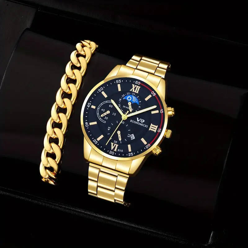 2pcs Men's Quartz Watch and Bracelet Set