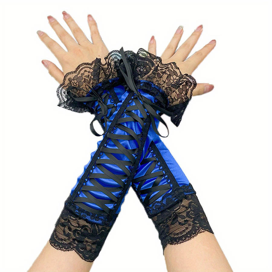 1 Pair Blue Elegant Black Lace Gloves