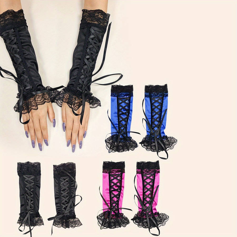 1 Pair Blue Elegant Black Lace Gloves