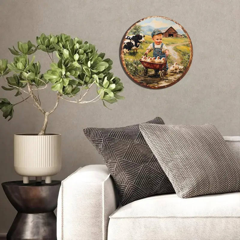 1pc Vintage Farm Scene Metal Sign 20.32cm Round Aluminum Wall Hanging Art Classic Style Multipurpose
