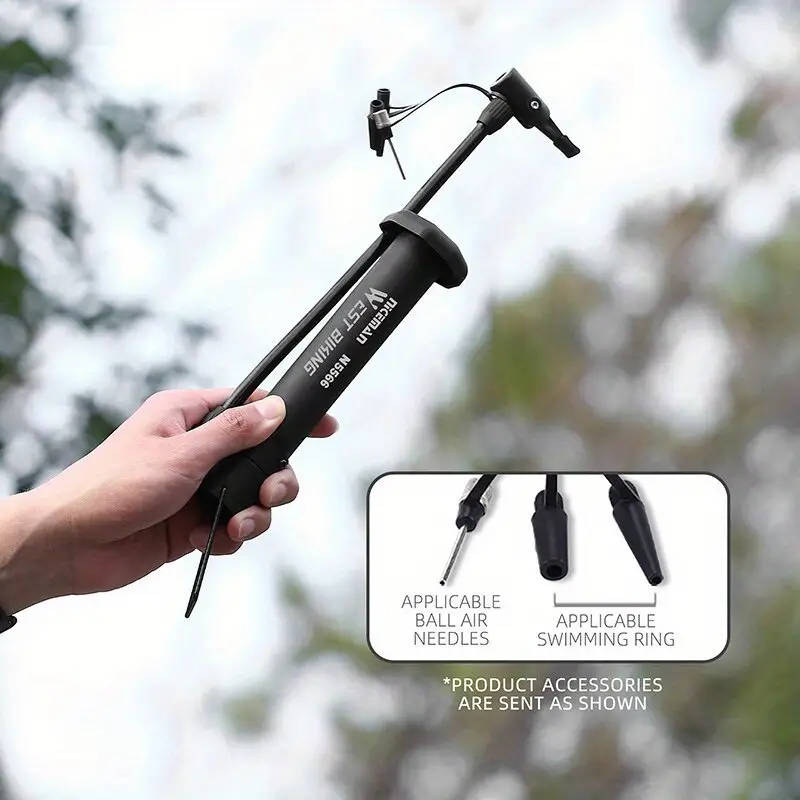 1pc Compact Portable Manual Bike Pump with Attachments PE Black Includes Ball Swim Ring Nozzles Easy