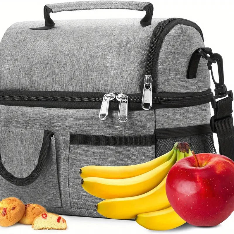 1pc Large Grey Insulated Tote Lunch Bag Spacious 2-Compartment Thermal with Shoulder Strap Leakproof