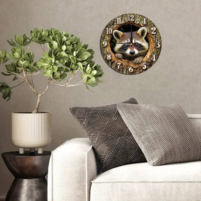 1pcs Vintage Raccoon Theme Wooden Round Wall Clock Silent Movement