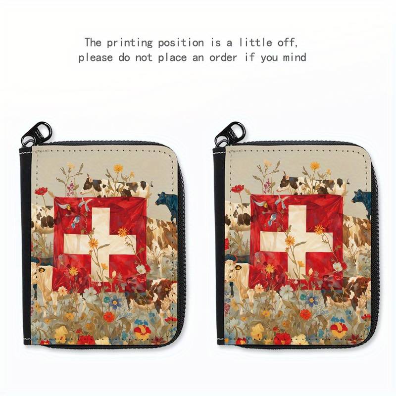 1pc Swiss Cow Print Card Holder 24-Slot Multi-Card Organizer with Zipper Coin Pocket Casual S