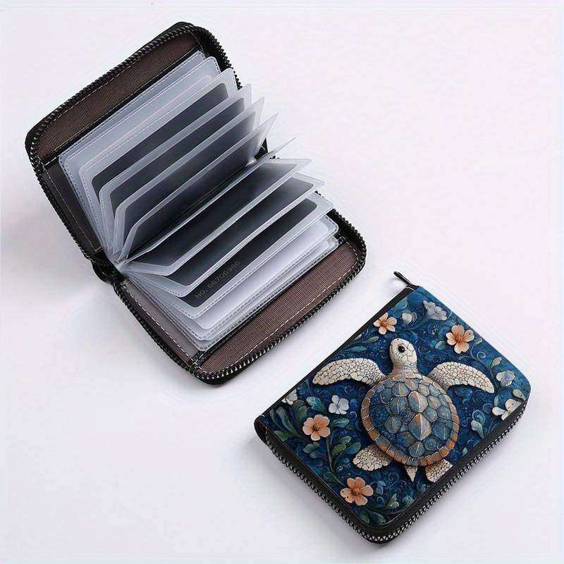 1pc Floral Turtle Print Zipper Wallet 24 Card Slots Coin Purse ID Holder Stylish Card Cas