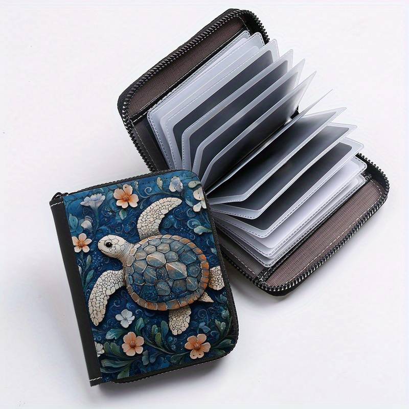 1pc Floral Turtle Print Zipper Wallet 24 Card Slots Coin Purse ID Holder Stylish Card Cas