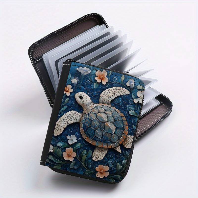 1pc Floral Turtle Print Zipper Wallet 24 Card Slots Coin Purse ID Holder Stylish Card Cas
