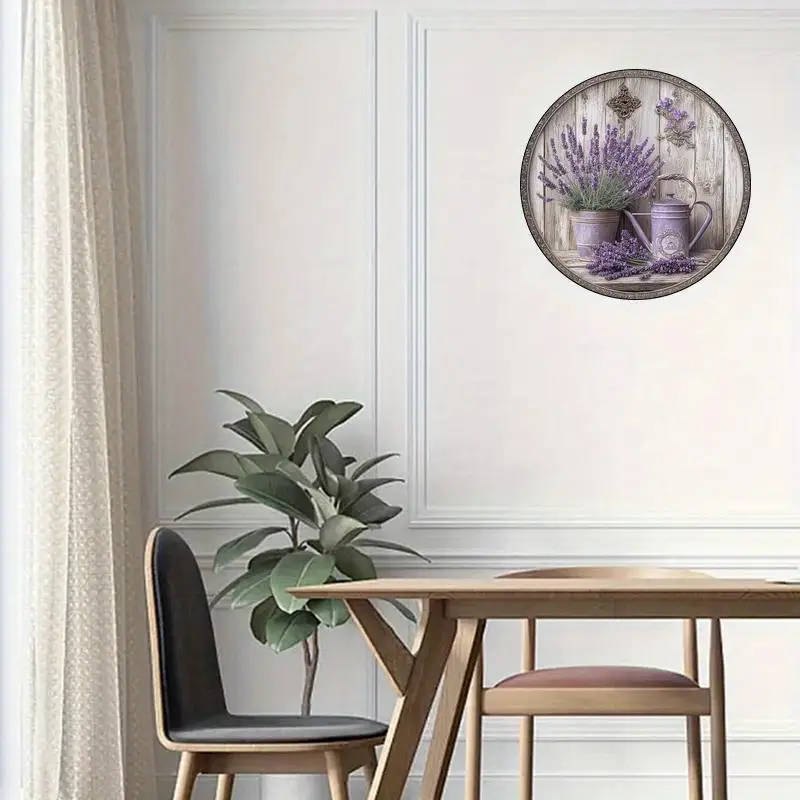1pc 2D Flat Print Round Vintage Metal Aluminum Sign Wall Art Lavender Themed For Bar Kitchen Coffee