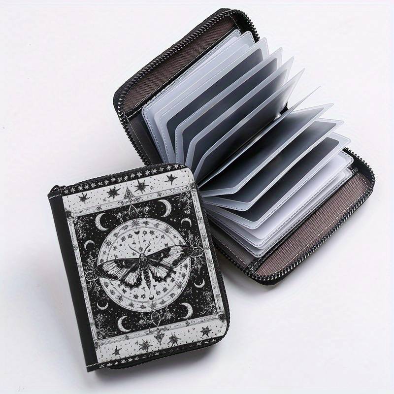 1pc Mystical Moth Print Wallet 24-Slot Zippered Coin Purse ID Credit Card Holder Fashionab