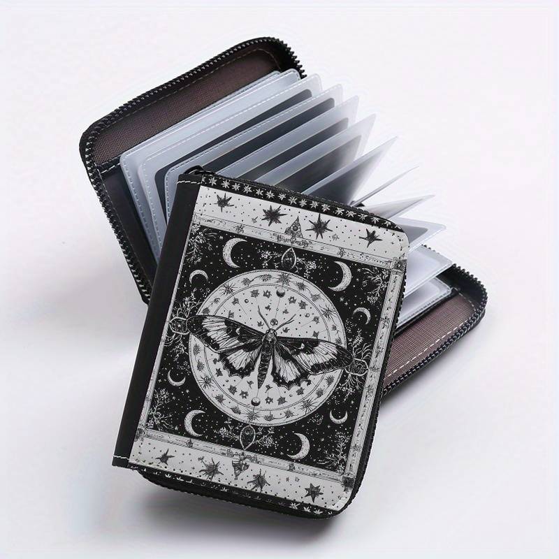 1pc Mystical Moth Print Wallet 24-Slot Zippered Coin Purse ID Credit Card Holder Fashionab