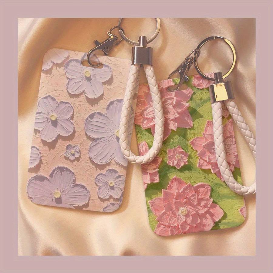 1pc Floral Oil Painting Design Card Holder with Lanyard Durable Plastic Protective Case for Stude
