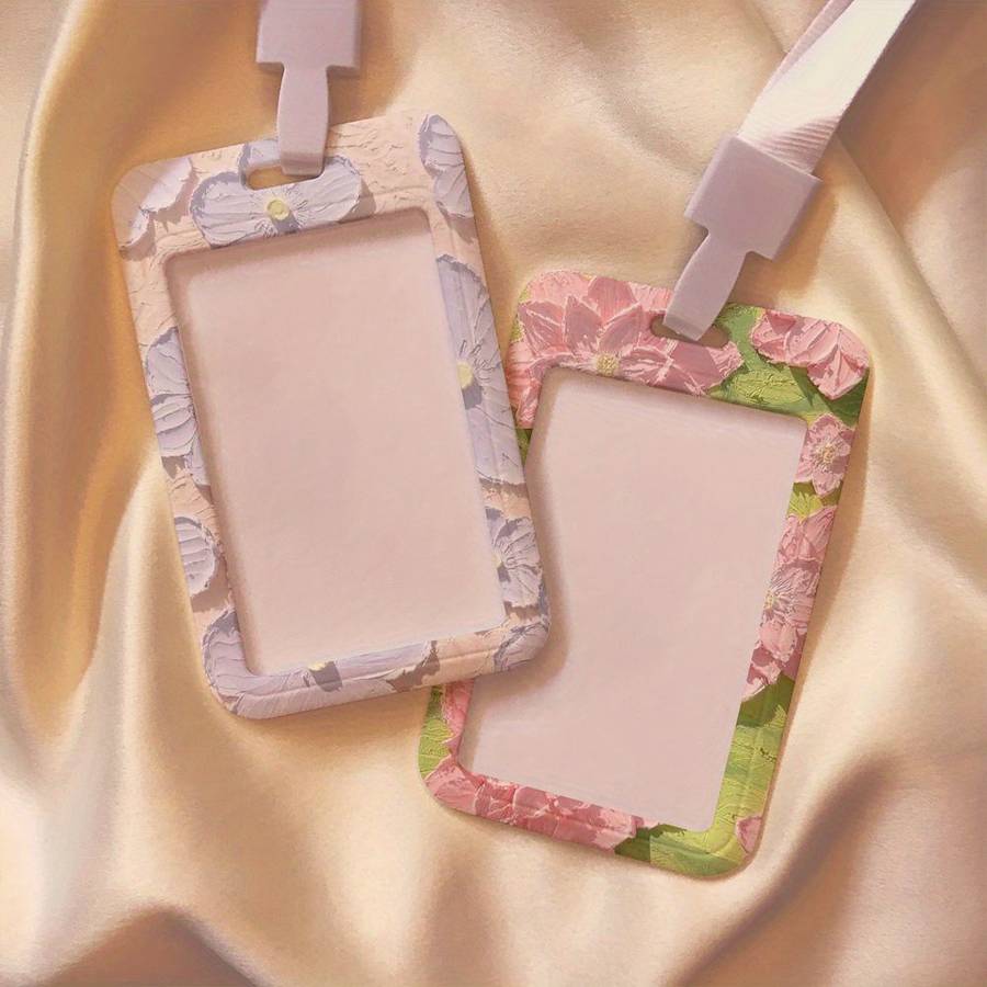 1pc Floral Oil Painting Design Card Holder with Lanyard Durable Plastic Protective Case for Stude