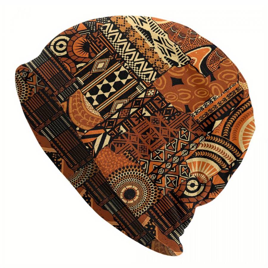 1pc Men's Funky Knit Beanie Hat with African Ethnic Pattern Windproof Stretchy Polyester Blend