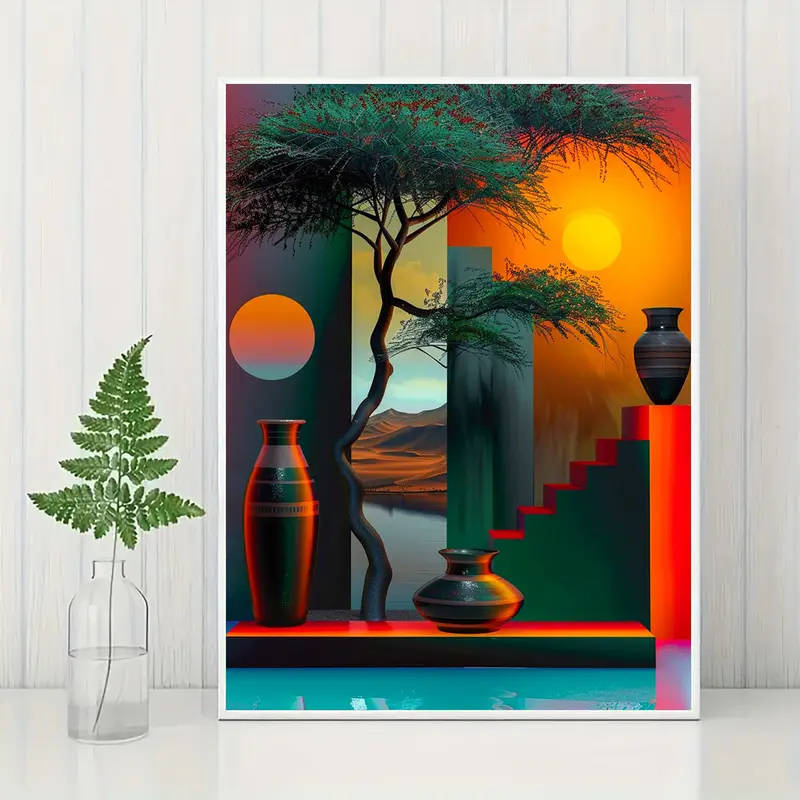 1pc Abstract African-Inspired Canvas Art 30.48x40.64cm Tree Vase Design with Color Gradient Frameles