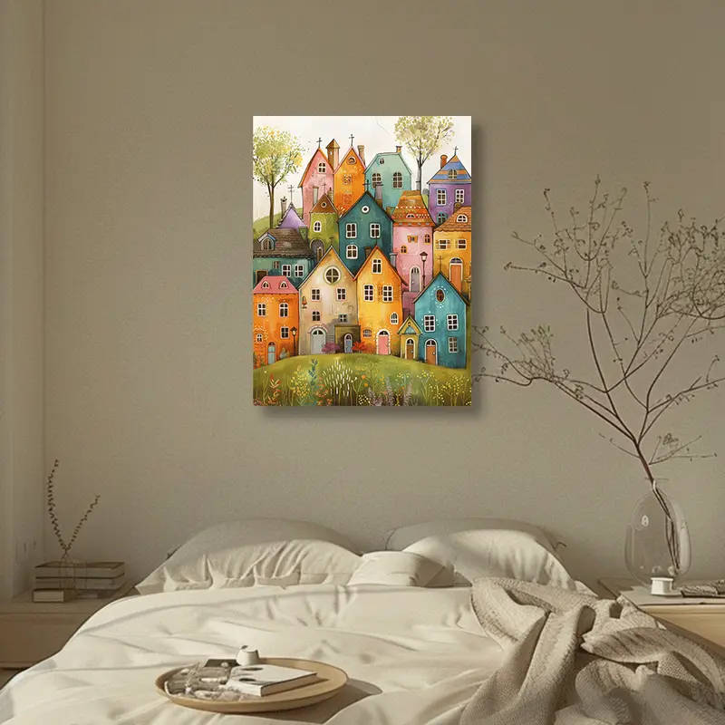 1pc Colorful Whimsical Houses Canvas Art Print Frameless Wall Painting for Living Room Bedroom Moder