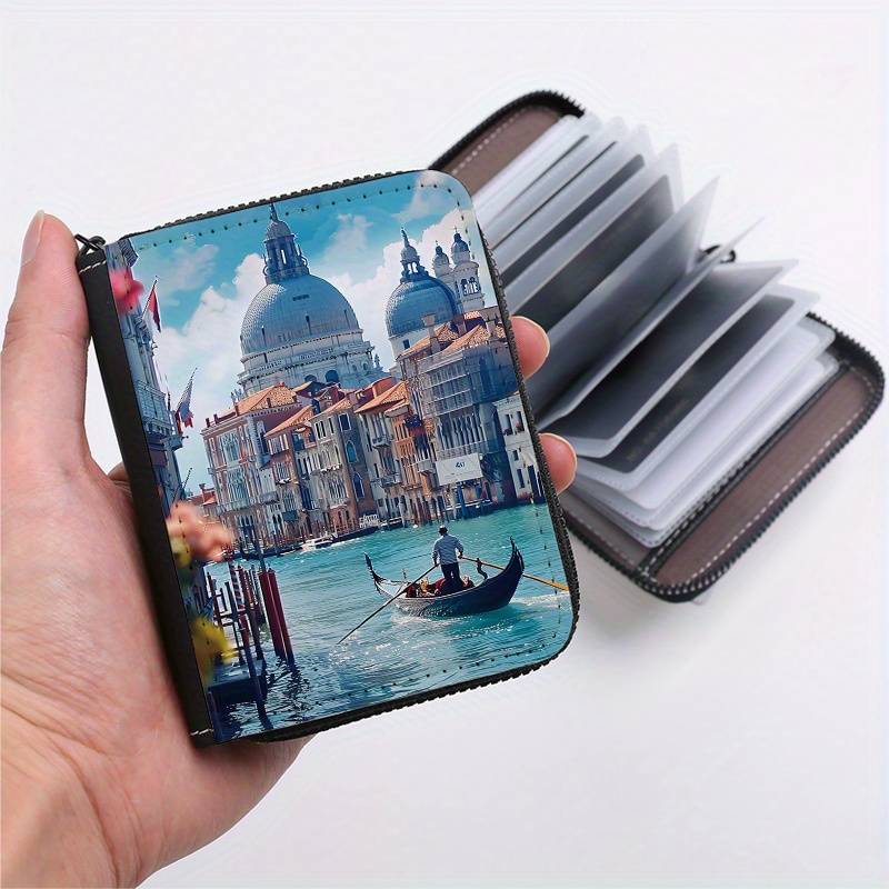 1pc Venice Print Wallet 24-Slot Zippered Coin Purse Multi-Card Holder ID Credit Card Organ