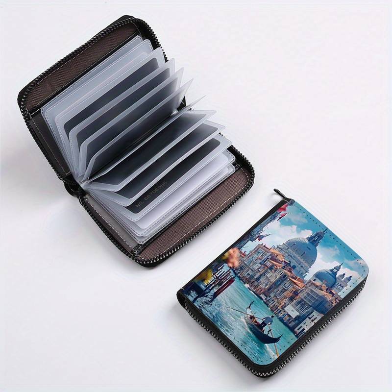 1pc Venice Print Wallet 24-Slot Zippered Coin Purse Multi-Card Holder ID Credit Card Organ