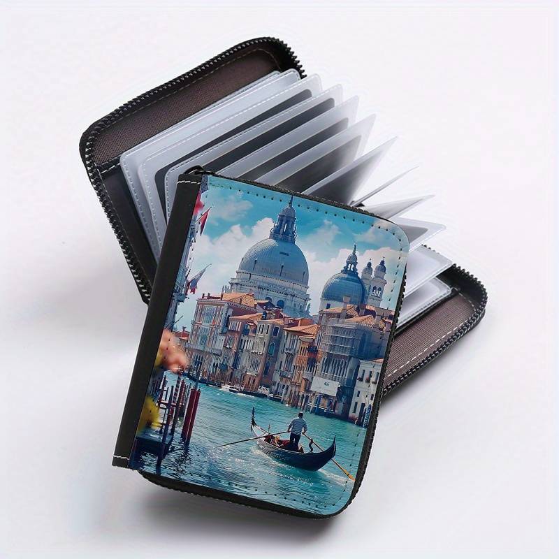 1pc Venice Print Wallet 24-Slot Zippered Coin Purse Multi-Card Holder ID Credit Card Organ