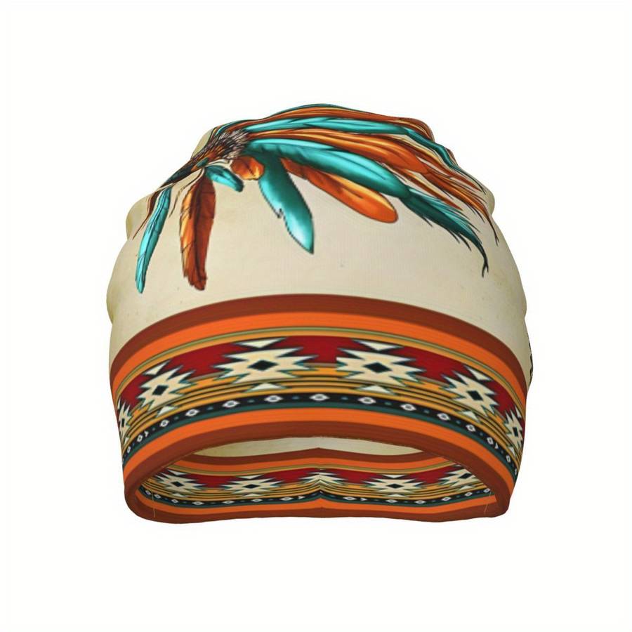 1pc Boho Style Knit Beanie Hat with Native American Feather Headdress Print Biihudu Polyester Blen