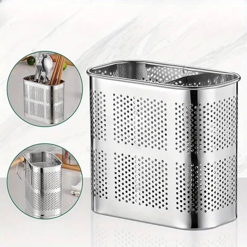 1pc Stainless Steel Chopstick Holder with Drain Rack Dual-Compartment Multi-Functional Storage Organ