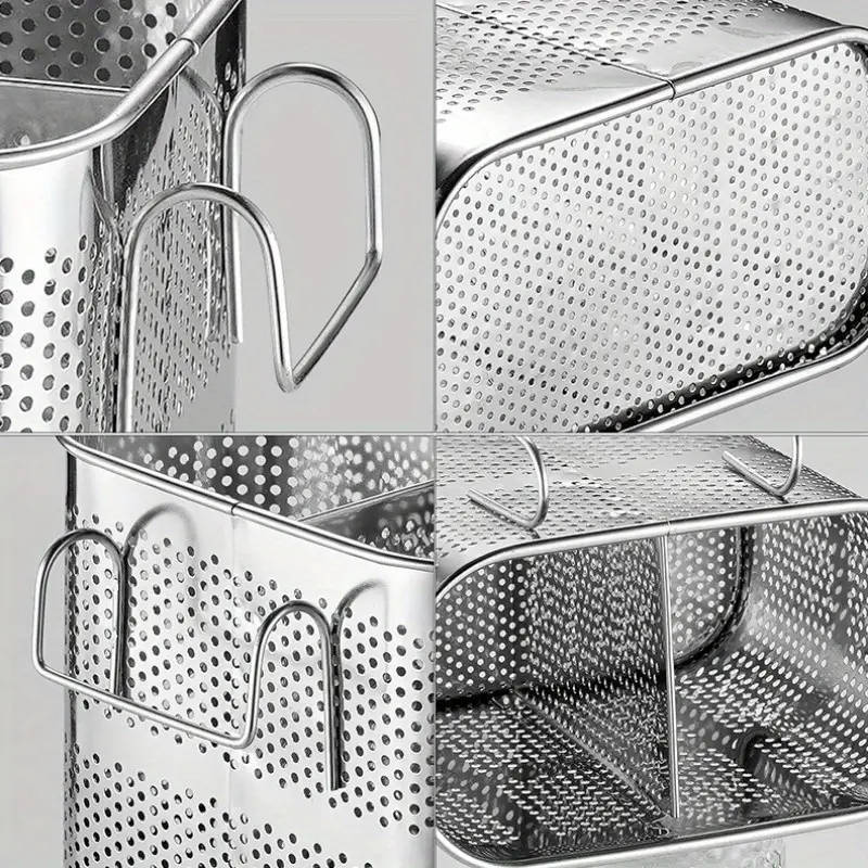 1pc Stainless Steel Chopstick Holder with Drain Rack Dual-Compartment Multi-Functional Storage Organ