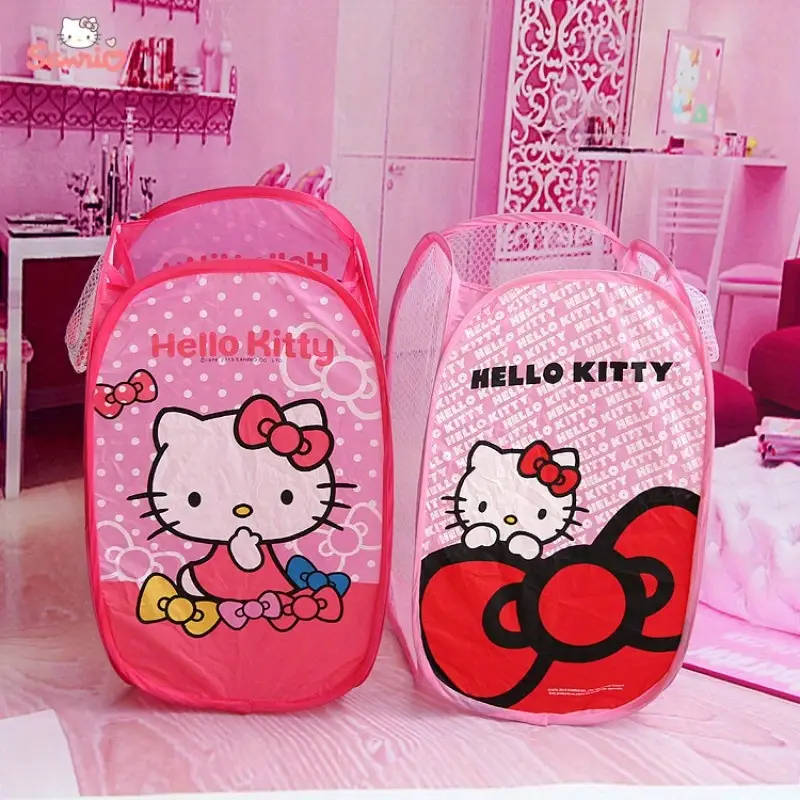 1pc Sanrio Hello Kitty Folding Laundry Basket Pink Black Rectangular Mesh Design for Clothes Toy Sto