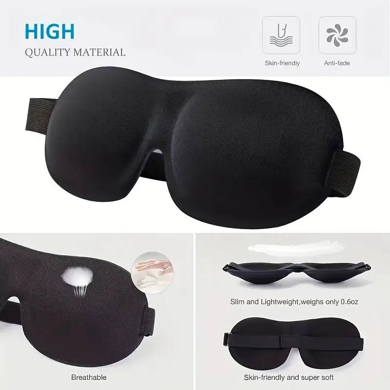 1pc Ultra-Comfort Contoured Sleep Mask 100% Light Blocking Ultra-Soft Skin-Friendly Adjustable Strap