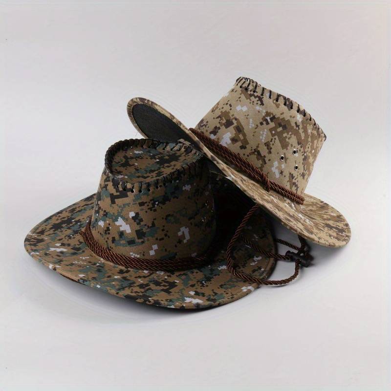 1pc Men's Camouflage Denim Sun Hat Wide Brim UV Protection Adjustable Drawstring Breathable Cot